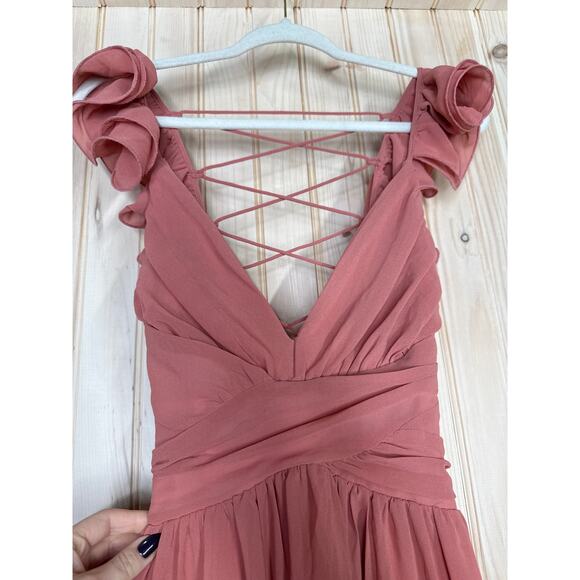NWT Lulus Soiree Celebration Rusty Rose Ruffled Lace-Up Maxi Dress Bridesmaid S - Picture 6 of 9